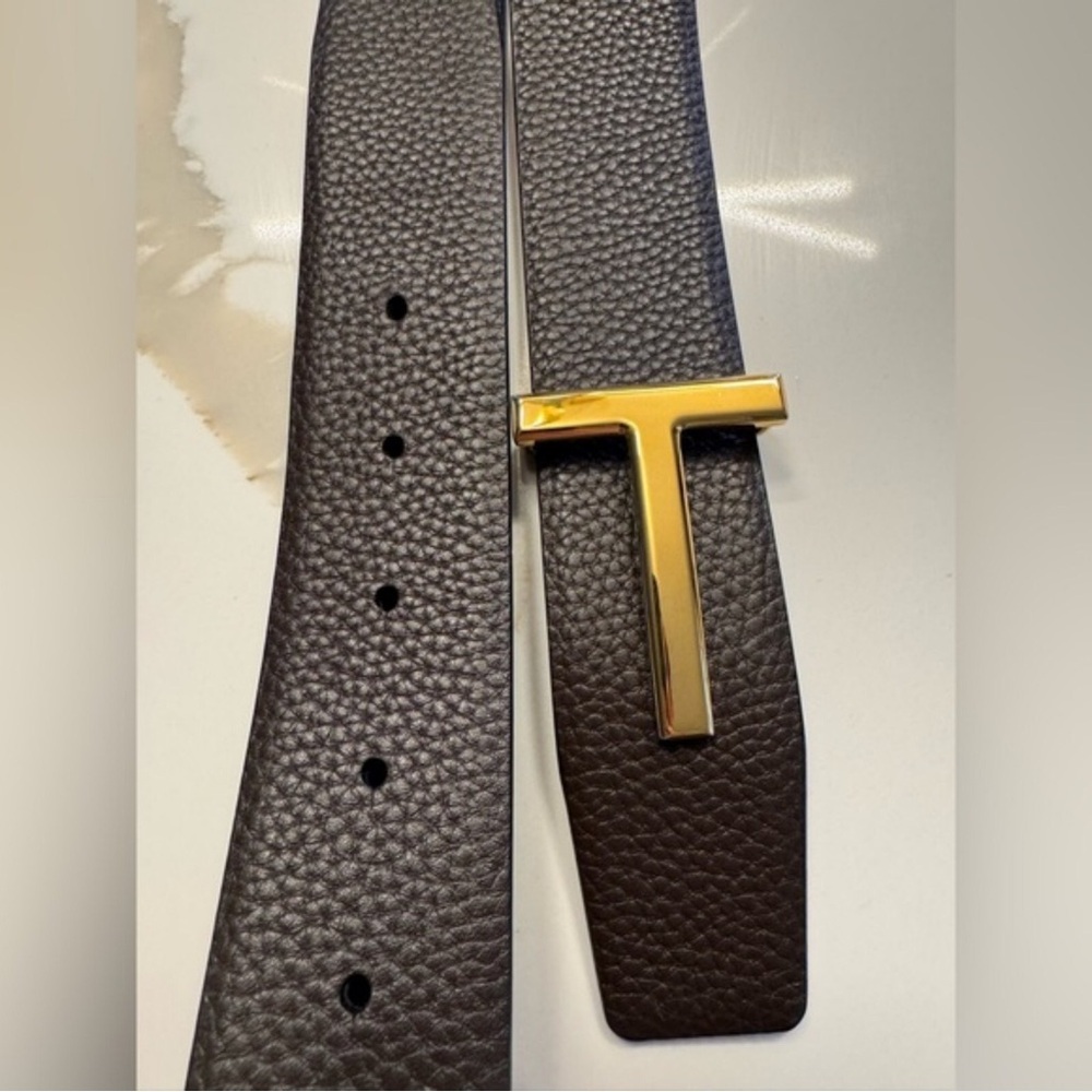 Tom Ford Dark Brown Pebbled Leather Belt with Gold T Buckle